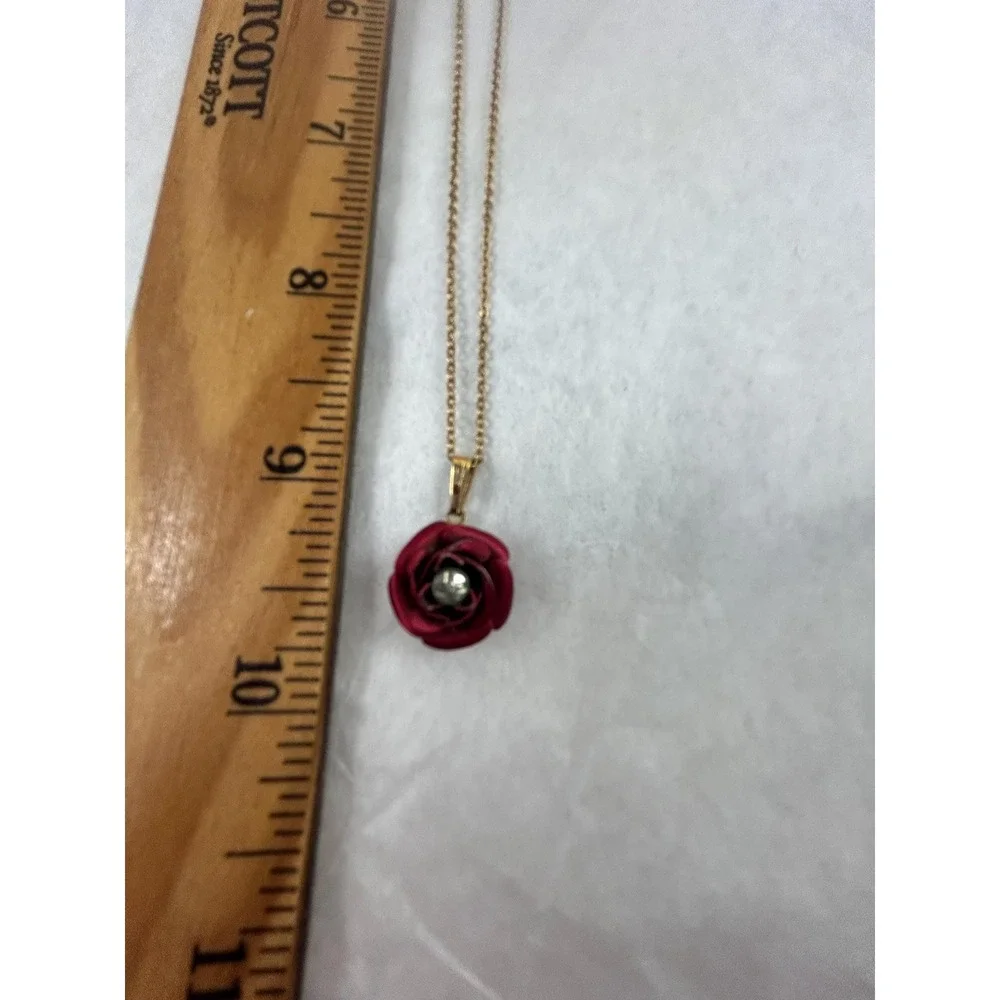 Enamel Rose Pendant Necklace with a 14K GF AMCO chain - Picture 5 of 9